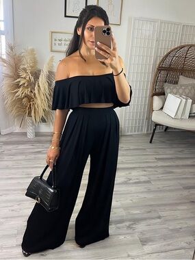Off-Shoulder Black Wide-Leg Jumpsuit